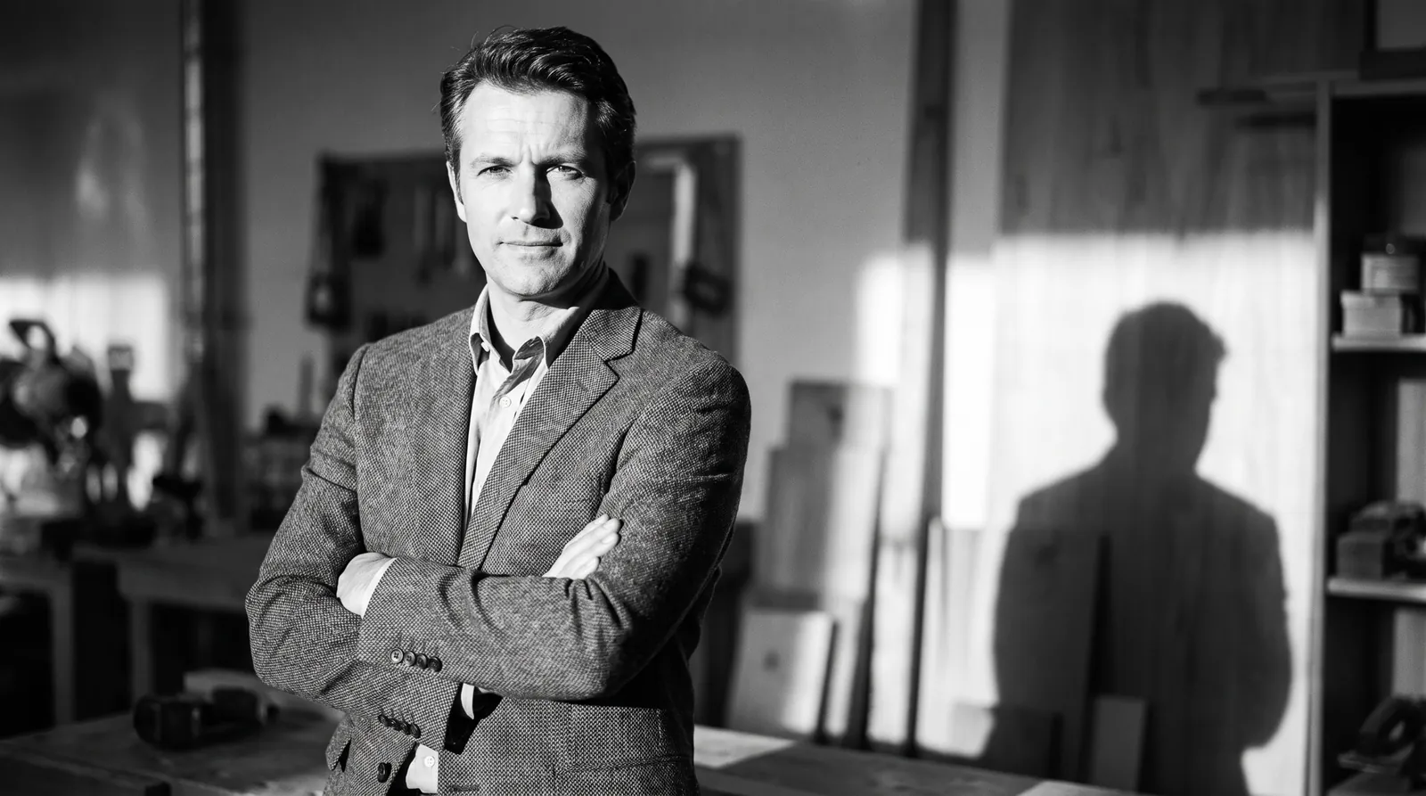 Portrait en noir et blanc d'un dirigeant dans son atelier, bras croisés